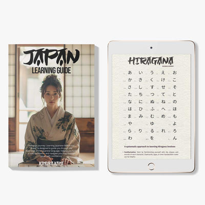 Livre pour apprendre le japonais, couverture avec une femme en kimono 着物 en pleine étude, consultable sur tablette et smartphone