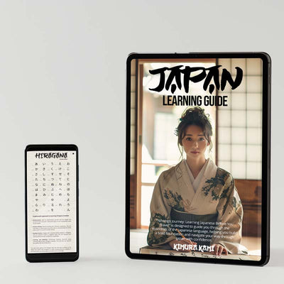 Livre d'apprentissage du japonais présenté sur mobile et tablette, couverture avec une lectrice en kimono