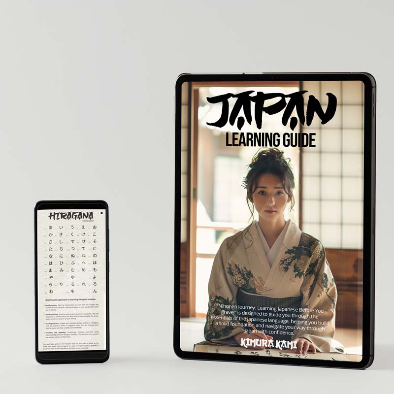Livre d'apprentissage du japonais présenté sur mobile et tablette, couverture avec une lectrice en kimono