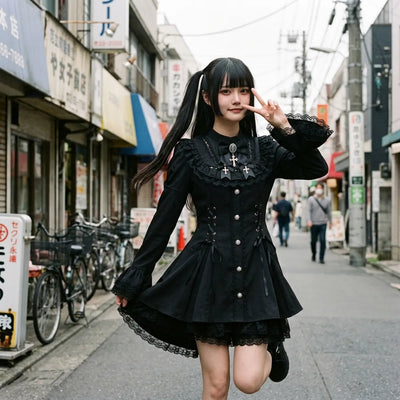 Look de rue gothique à Harajuku, avec les manchettes en dentelle évasées et l'ourlet froncé capturés en mouvement.