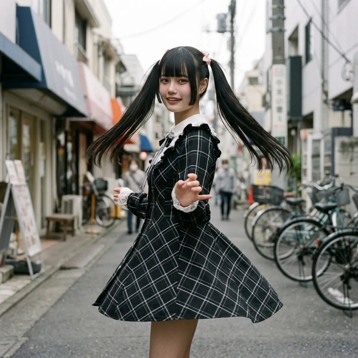 La robe à carreaux portée assise sur une marche à Harajuku, avec la jupe et les manchettes en dentelle visibles