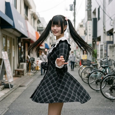 La robe à carreaux portée assise sur une marche à Harajuku, avec la jupe et les manchettes en dentelle visibles