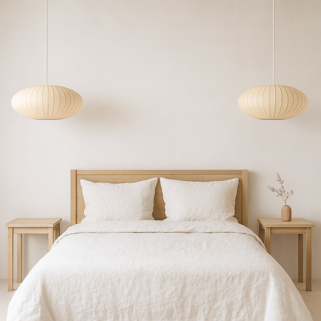 Chambre avec tête de lit en bois, linge de lit blanc et suspensions en papier japonais