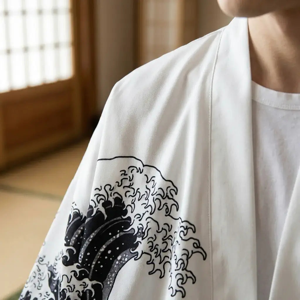 Gros plan sur le tissu et la manche du veste dragon kimono