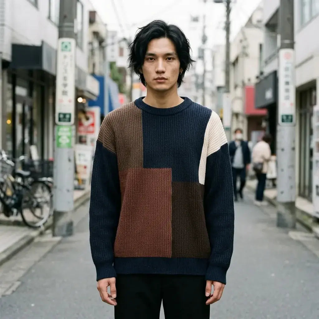 Pull bleu marine oversize à panneaux colorblock marron et crème, présenté de face.