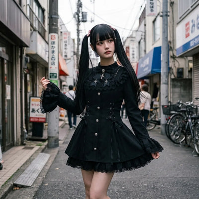 La robe lolita sombre vue de trois quarts à Harajuku, laissant apparaître la manche évasée et les froufrous de la jupe.