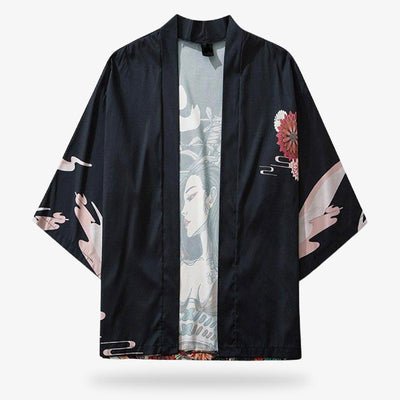 Ce manga kimono girl est une veste haori avec un dessin de geisha et des fleurs japonaises