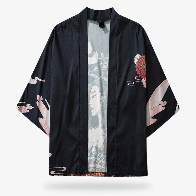 Ce manga kimono girl est une veste haori avec un dessin de geisha et des fleurs japonaises