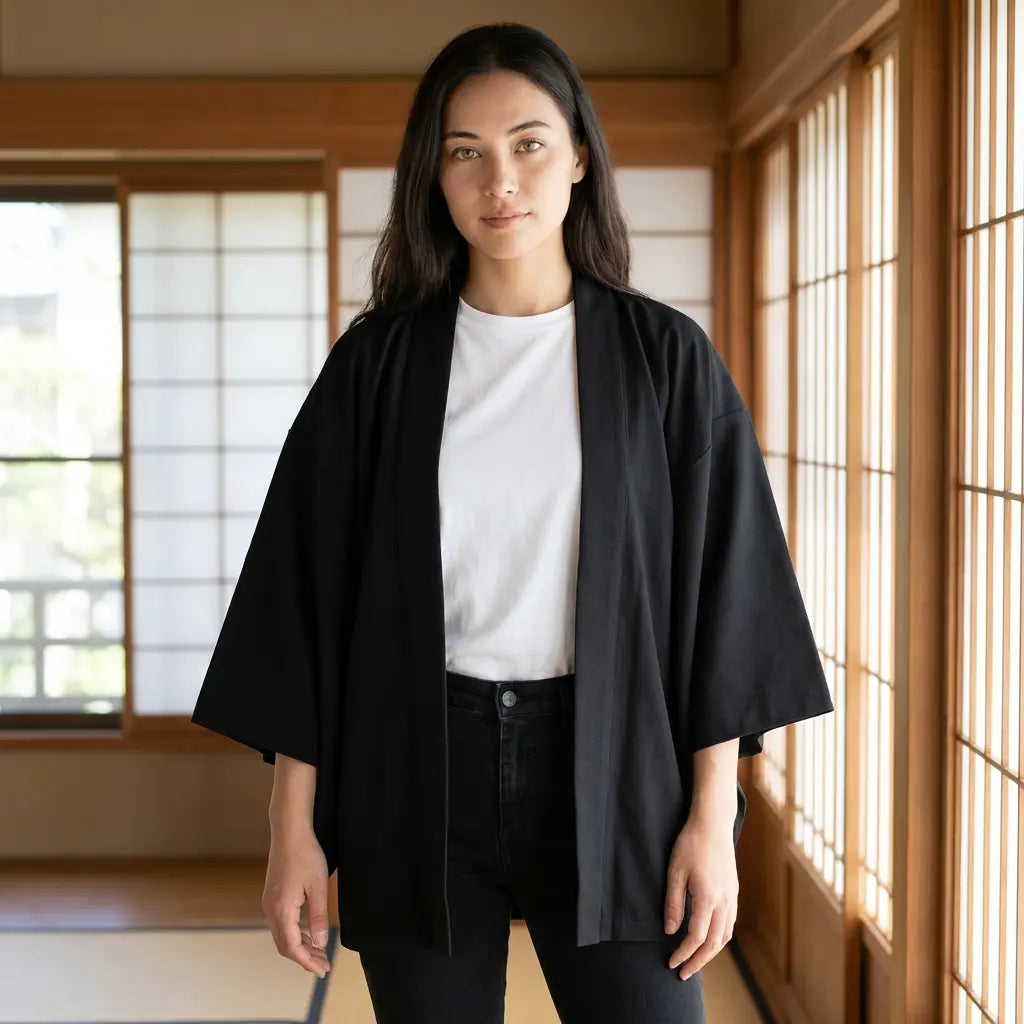 Manteau japonais femme noir porté ouvert, col droit et coupe mi-longue