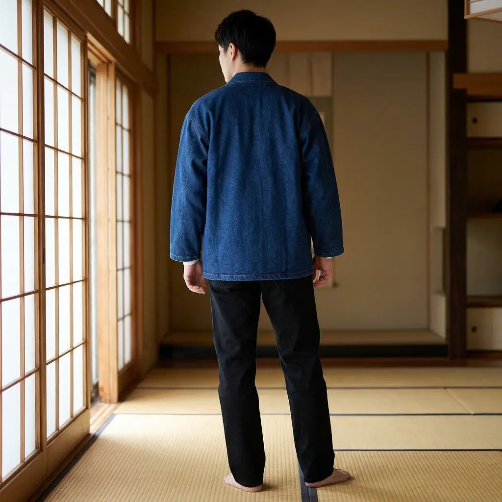 Vue de dos d'un haori bleu dans une pièce washitsu, montrant le motif complet au dos