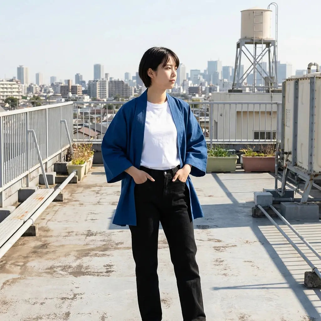Manteau kimono femme bleu uni vu de face sur un toit, avec la skyline de la ville en arrière-plan