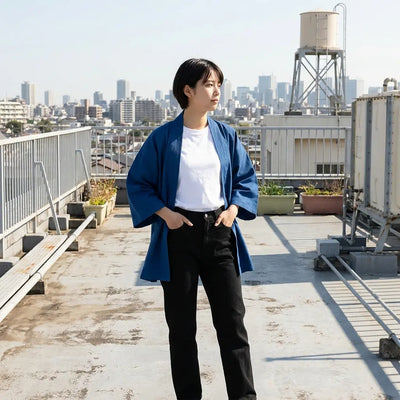 Manteau kimono femme bleu uni vu de face sur un toit, avec la skyline de la ville en arrière-plan