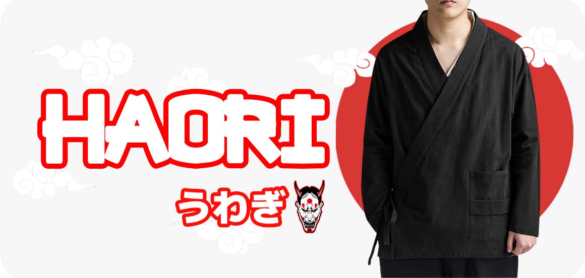 Adulte portant une veste haori noire pour une marque de vetement japonais homme