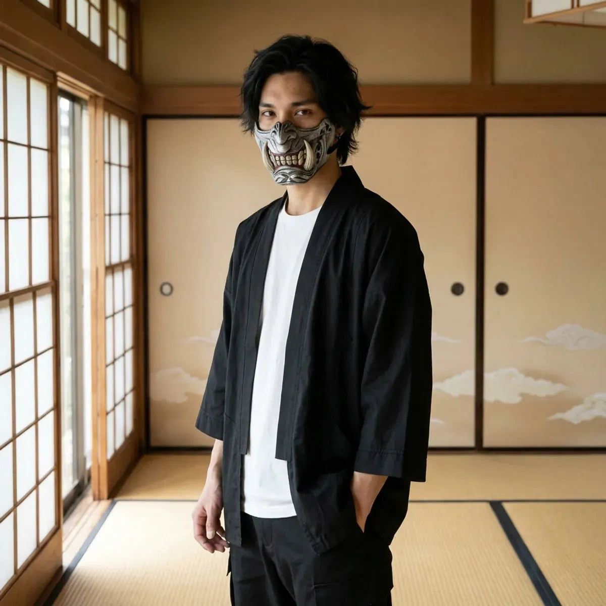 Masque oni demi-visage argente avec crocs ivoire porte dans une piece japonaise en tatami