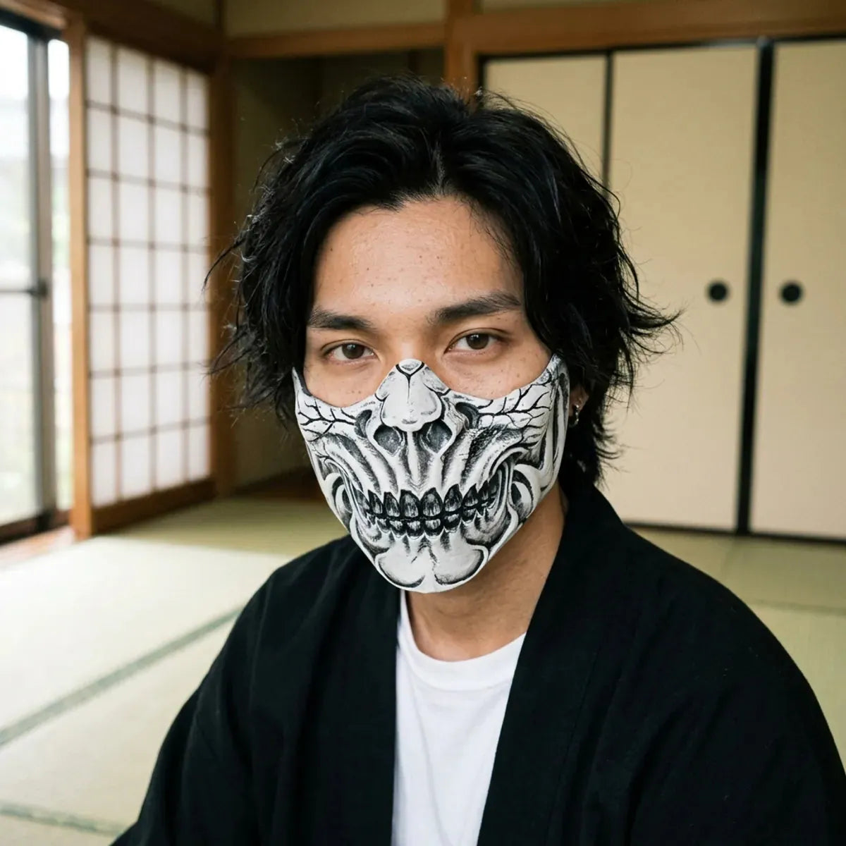 Masque Shinigami japonais en gros plan porté dans une pièce tatami, avec des détails peints sous des yeux sombres et calmes.