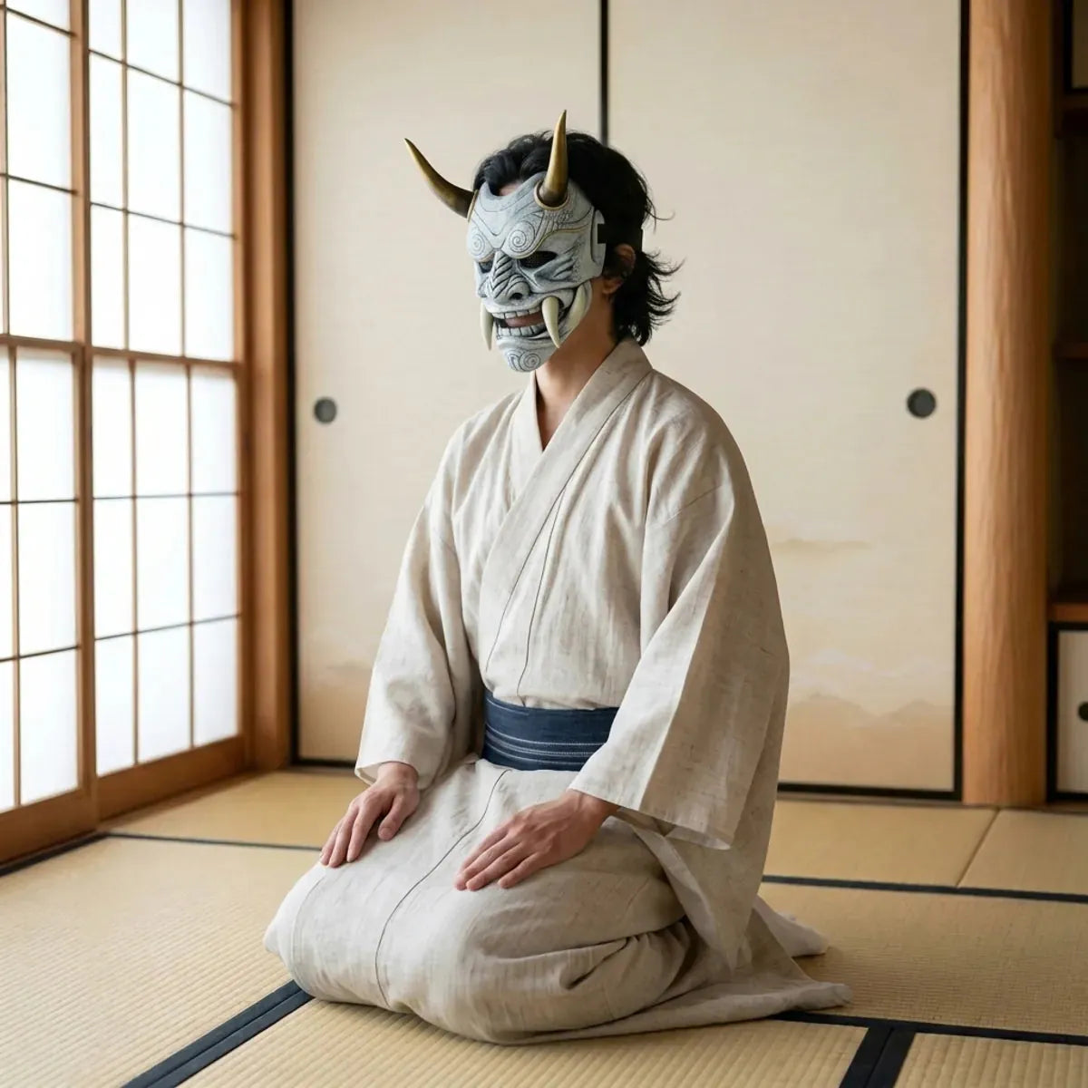 Masque de démon blanc japonais vu de trois quarts, porté agenouillé sur un tatami avec un kimono écru