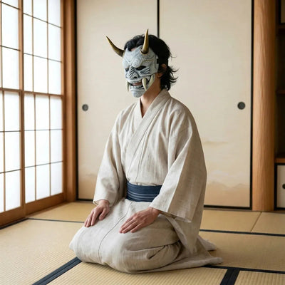 Masque de démon blanc japonais vu de trois quarts, porté agenouillé sur un tatami avec un kimono écru