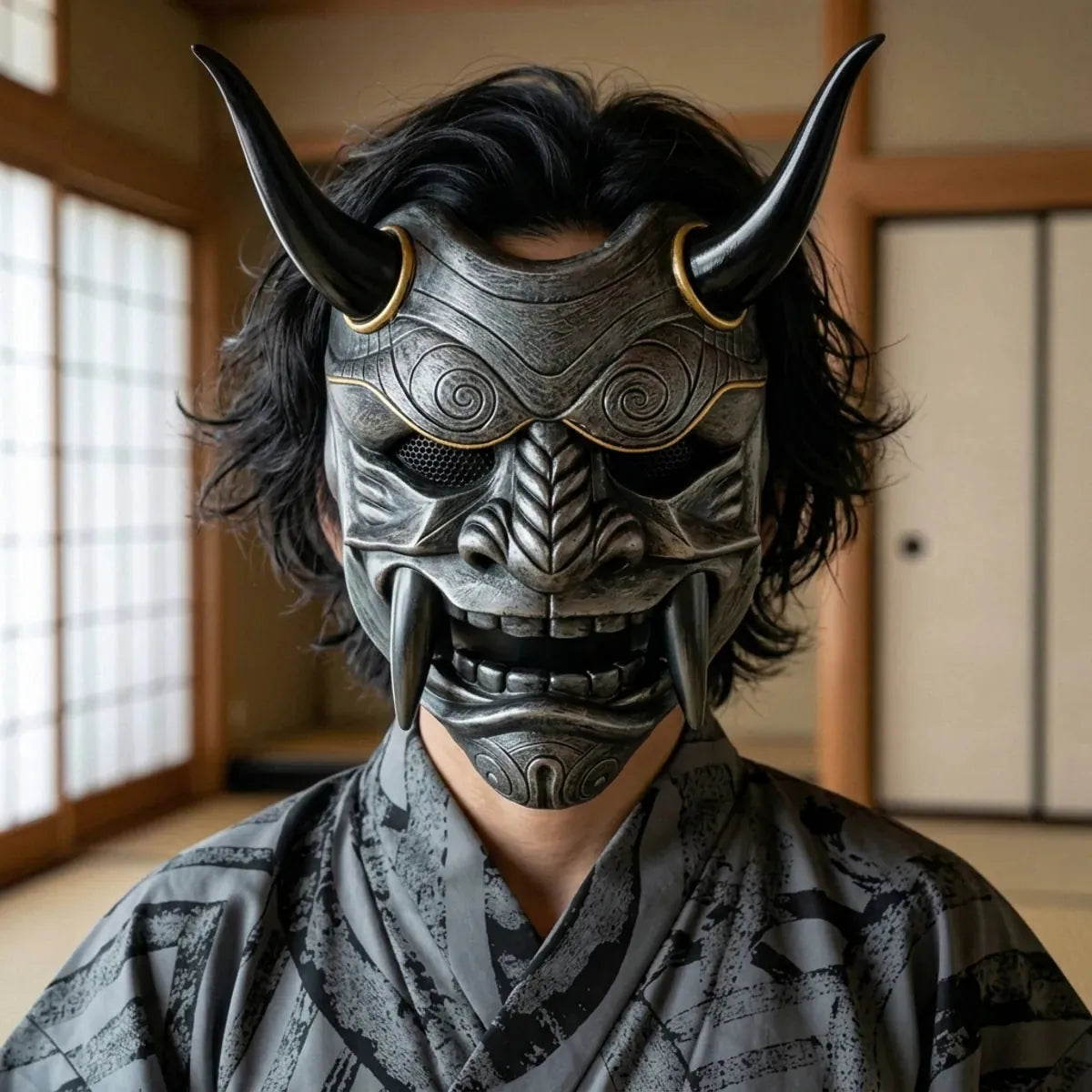 Gros plan du masque de démon gris à cornes avec anneaux dorés et crocs sombres, porté dans une pièce japonaise en tatami.