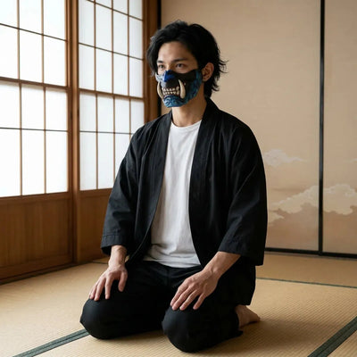 Masque demon vu de profil, la joue sculptee et le croc ivoire, porte agenouille sur tatami