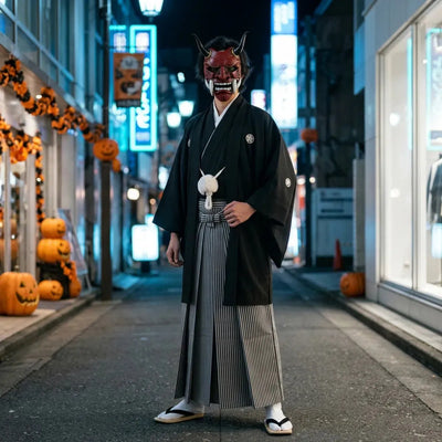 Masque démon oni d'Halloween porté en tenue complète avec kimono noir et hakama rayé dans une rue de Tokyo déserte la nuit.