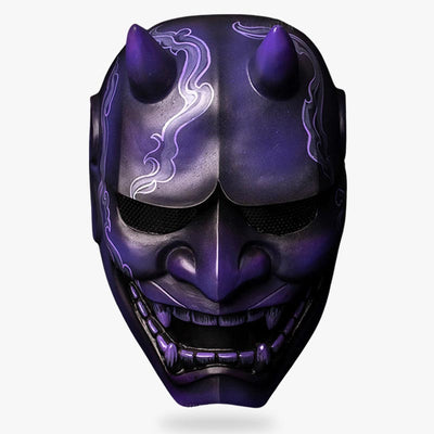 Masque hannya bleu avec crocs et expression féroce