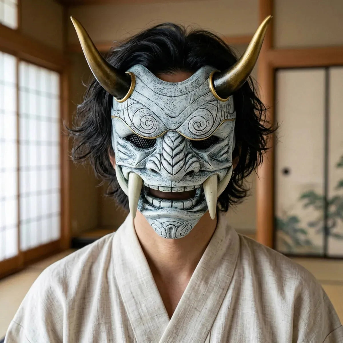 Gros plan du masque de démon blanc à cornes dorées et crocs ivoire, porté dans une pièce japonaise avec tatami