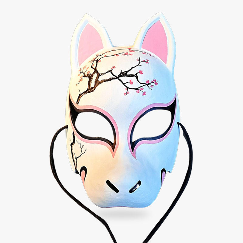 Masque Japonais Renard peint en blanc avec fleurs de sakura