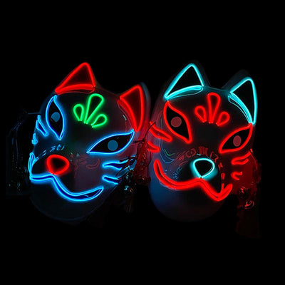 Deux masques Kitsune LED avec lumières néon rouge et bleu
