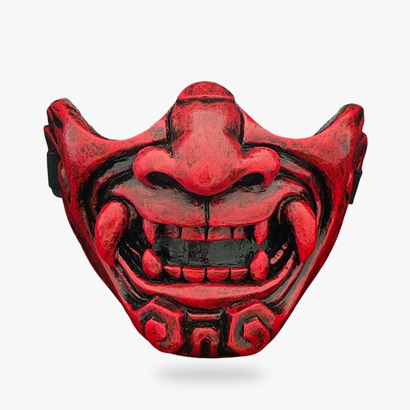 Masque mempo samourai rouge, demi-visage démoniaque en fibre de verre