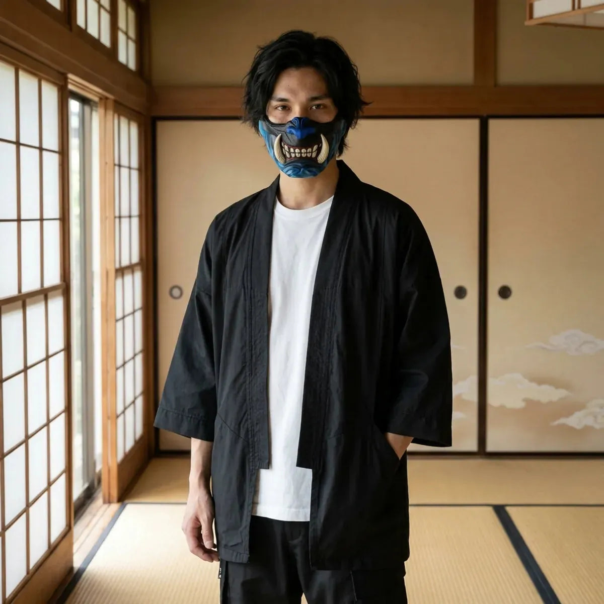 Masque oni bleu avec crocs ivoire porte dans une piece tatami japonaise