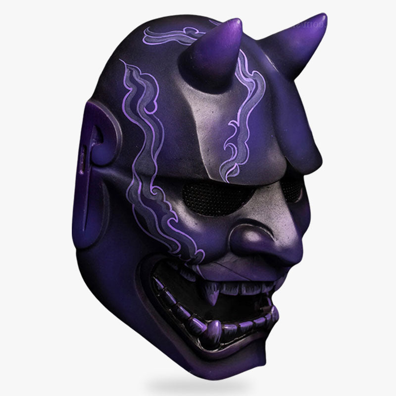 Masque oni bleu peint à la main avec cornes et flammes