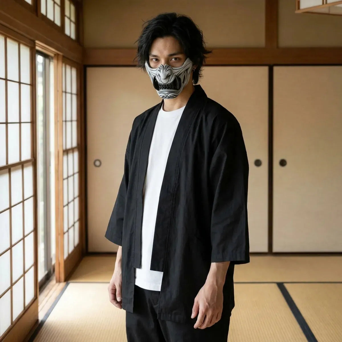 Demi masque oni gris aux sillons profondément sculptés, porté dans une pièce japonaise en tatami