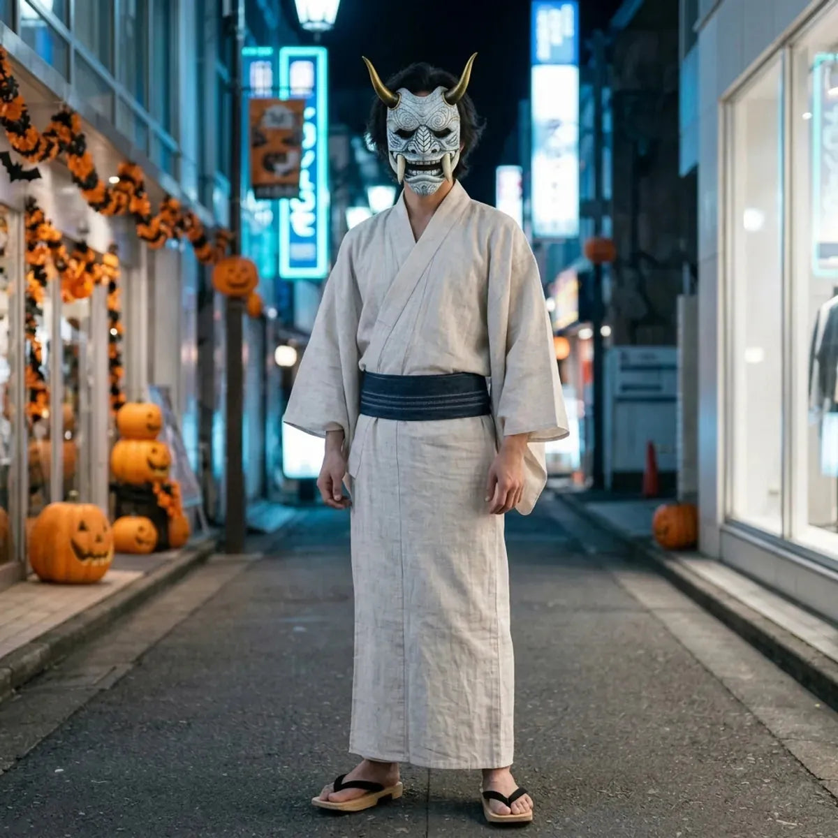 Masque oni blanc d'Halloween porté en pied avec un kimono écru et un obi indigo dans une rue de Tokyo vide la nuit