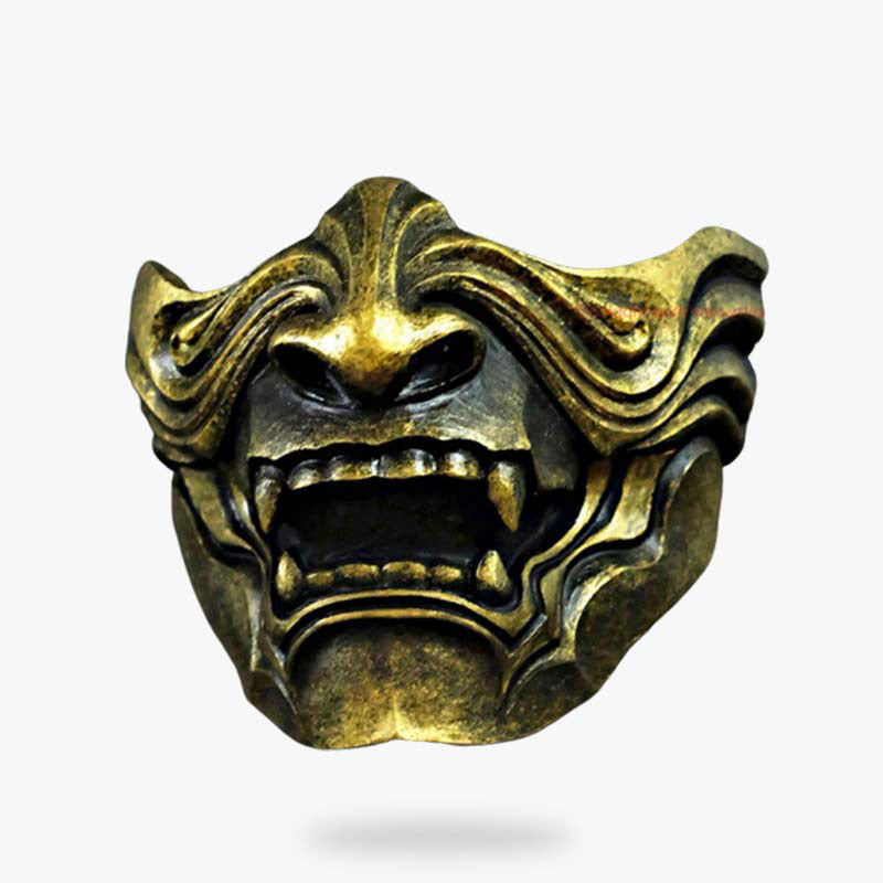 Masque Oni japonais artisanal avec crocs et finitions dorées