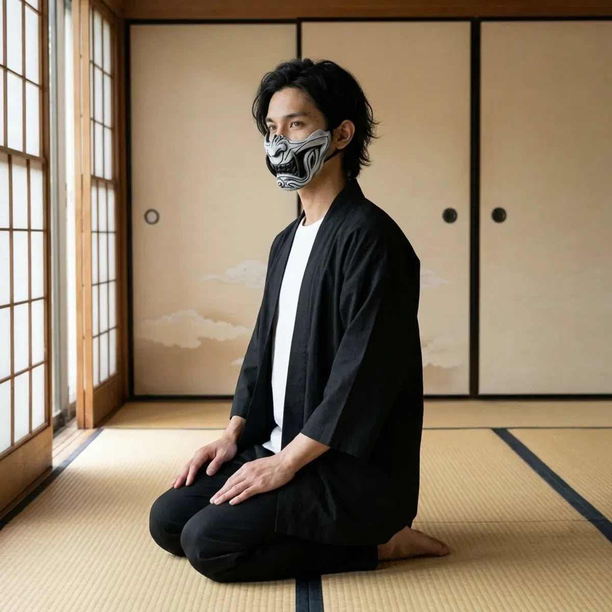 Masque menpo samouraï oni vu de profil, avec les lignes sculptées des joues, porté à genoux sur un tatami