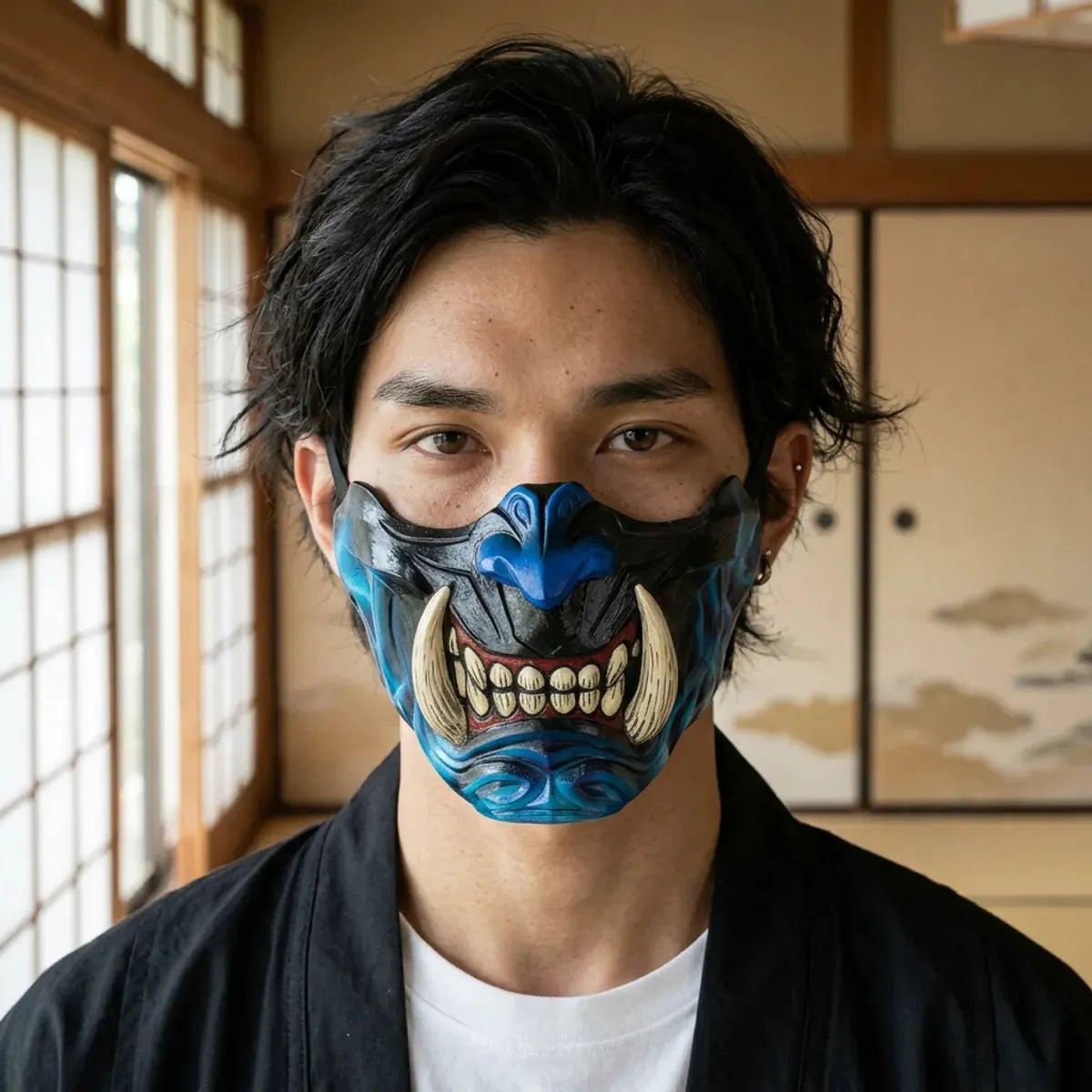 Gros plan du masque demi-visage porte dans une piece tatami japonaise, avec les details peints sous des yeux sombres et calmes
