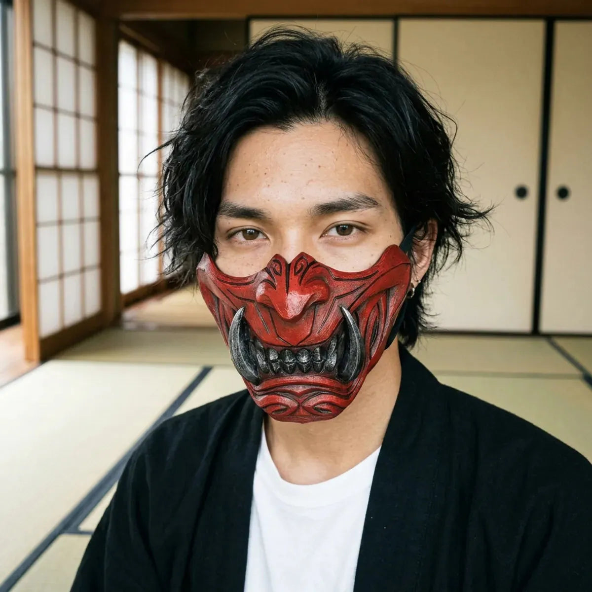 Masque samouraï démon : gros plan du demi-masque oni rouge porté dans une pièce tatami japonaise, crocs argentés sous des yeux sombres et calmes