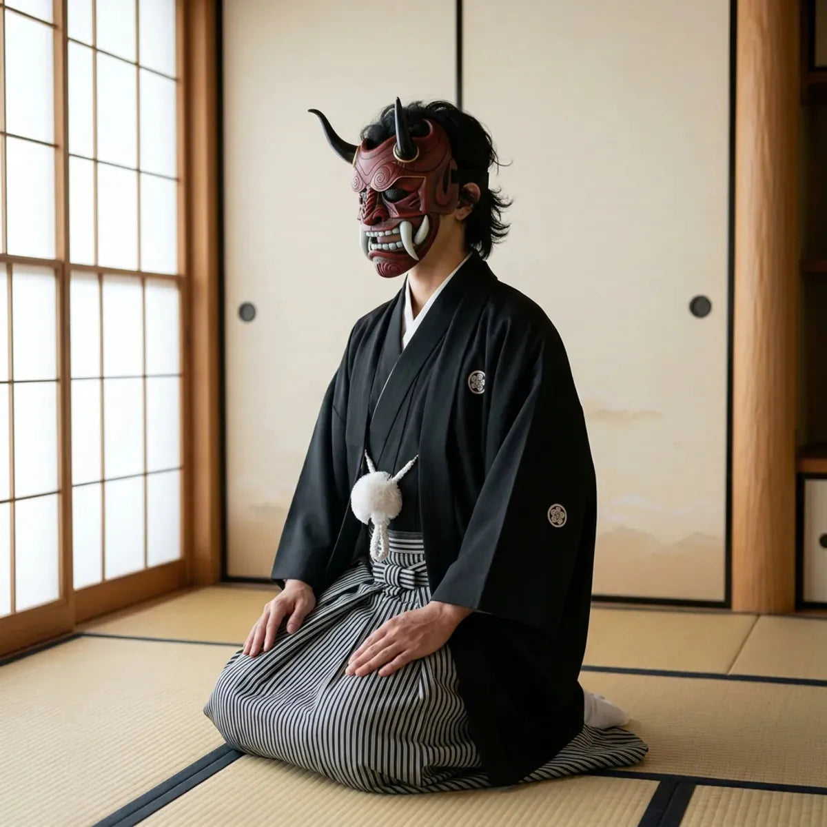 Masque intégral de samourai oni vu de trois quarts, montrant les cornes et les crocs, porté agenouillé sur un tatami avec un kimono noir.