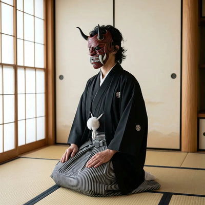 Masque intégral de samourai oni vu de trois quarts, montrant les cornes et les crocs, porté agenouillé sur un tatami avec un kimono noir.