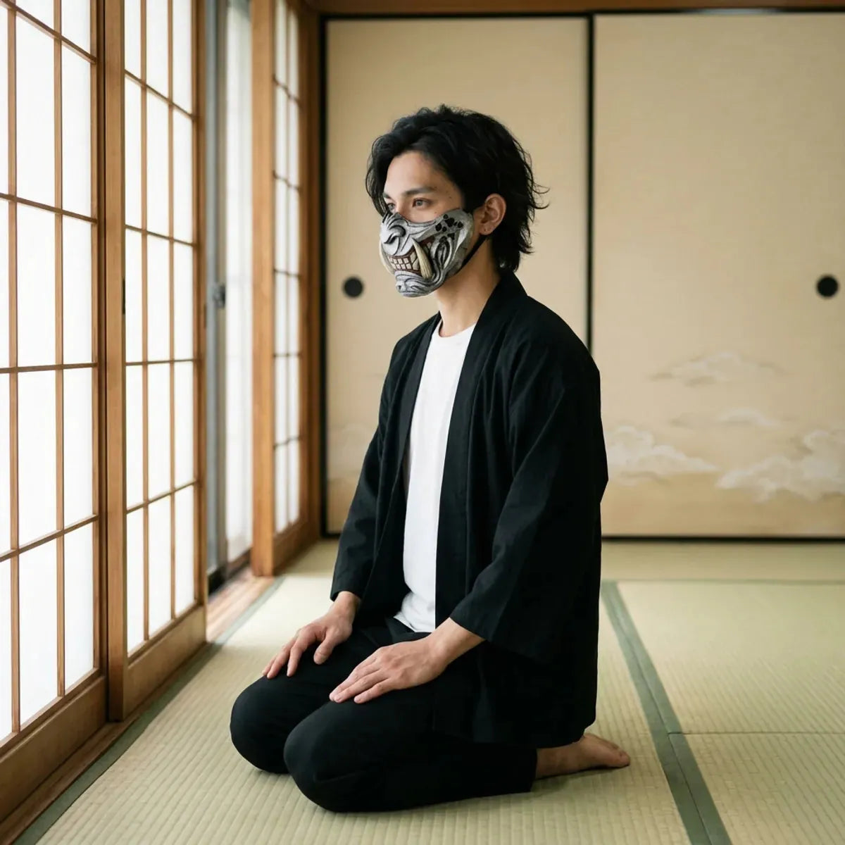 Masque samourai oni vu de profil, la joue sculptee et le croc ivoire, porte agenouille sur le tatami