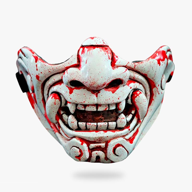 Masque samourai sang inspiré de l'oni japonais, demi-masque avec dents et peinture de sang