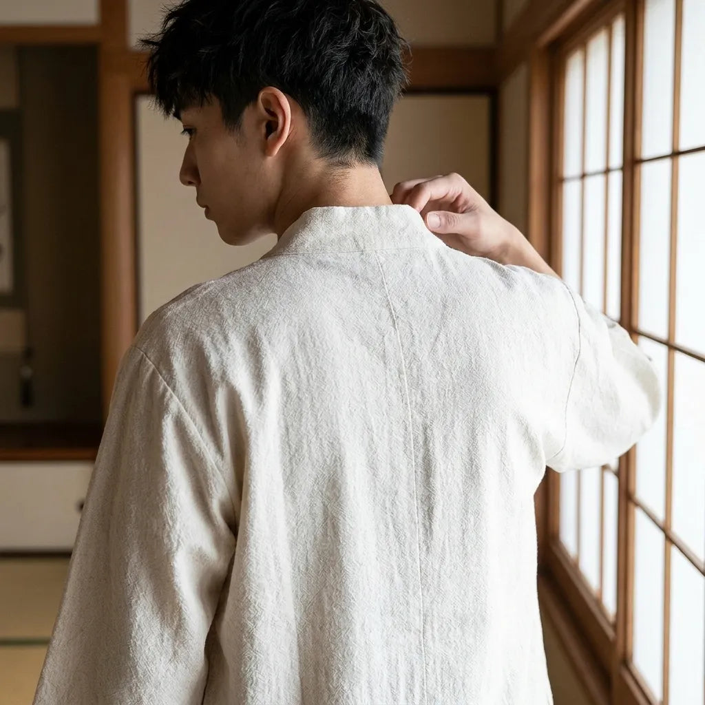 Gros plan sur la matière en coton du kimono cardigan blanc