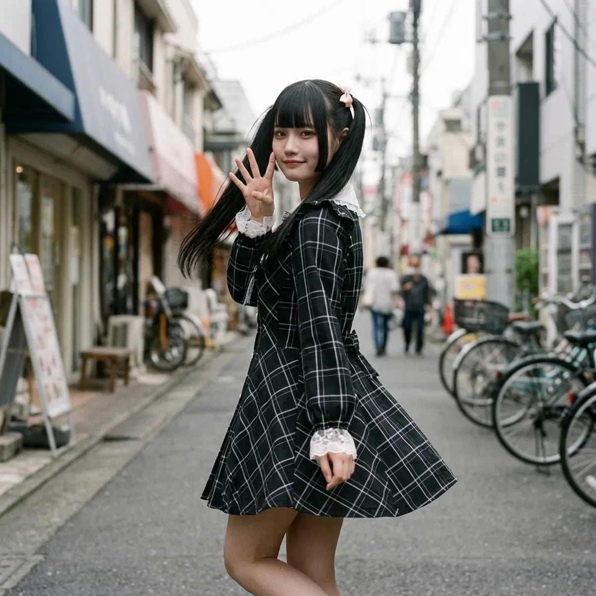 Robe à carreaux kawaii vue de trois quarts, avec le col en dentelle et les boutons en forme de coeur en pleine lumière