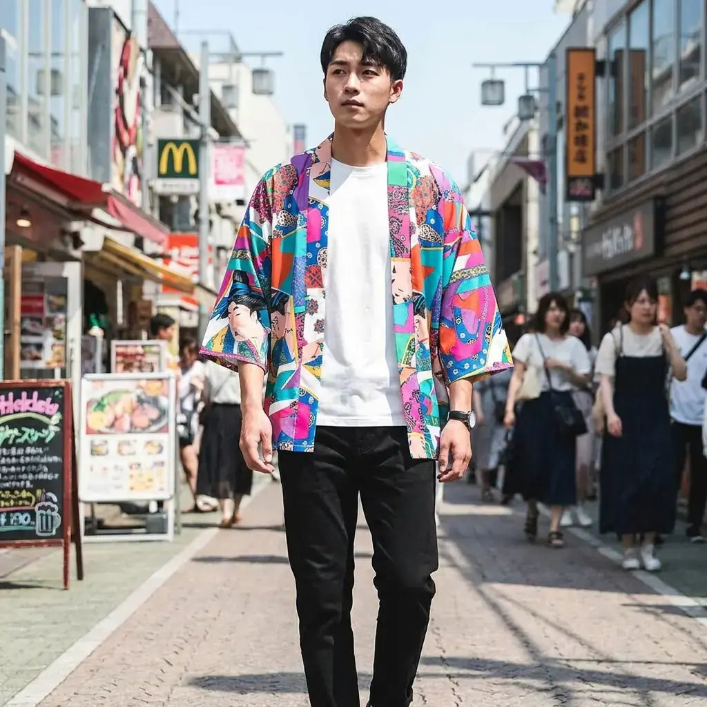Montsuki Haori porté par un homme dans une pièce japonaise traditionnelle, vue de face