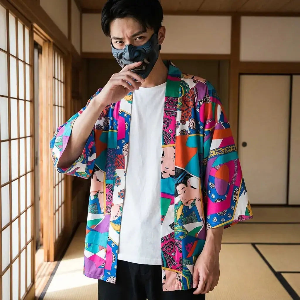 Montsuki Haori porté par un homme dans une pièce japonaise traditionnelle, vue de face