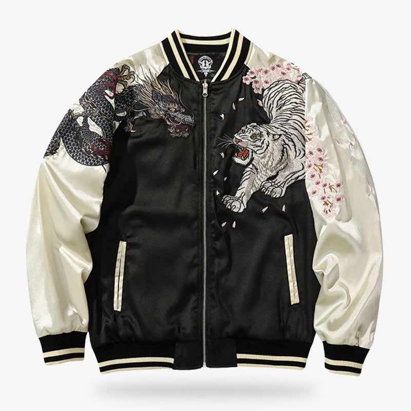 Motif dragon japonais brodé sur une veste bomber sukajan