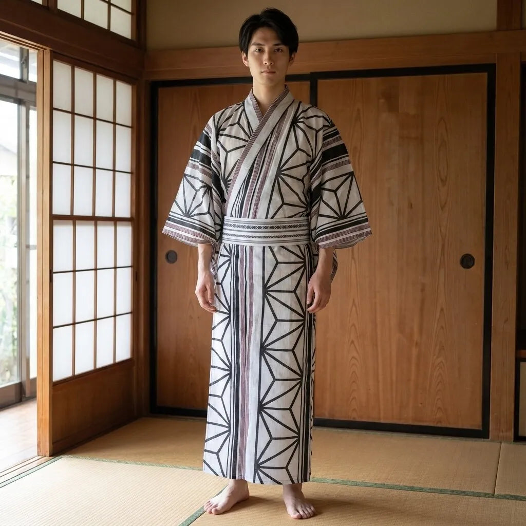 Détail du motif graphique japonais sur kimono homme