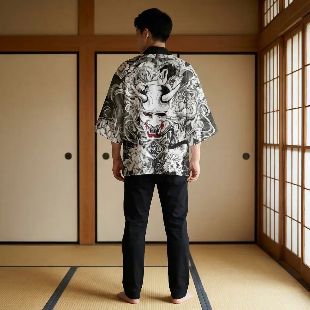 Veste Kimono Homme vu de dos, motif complet visible
