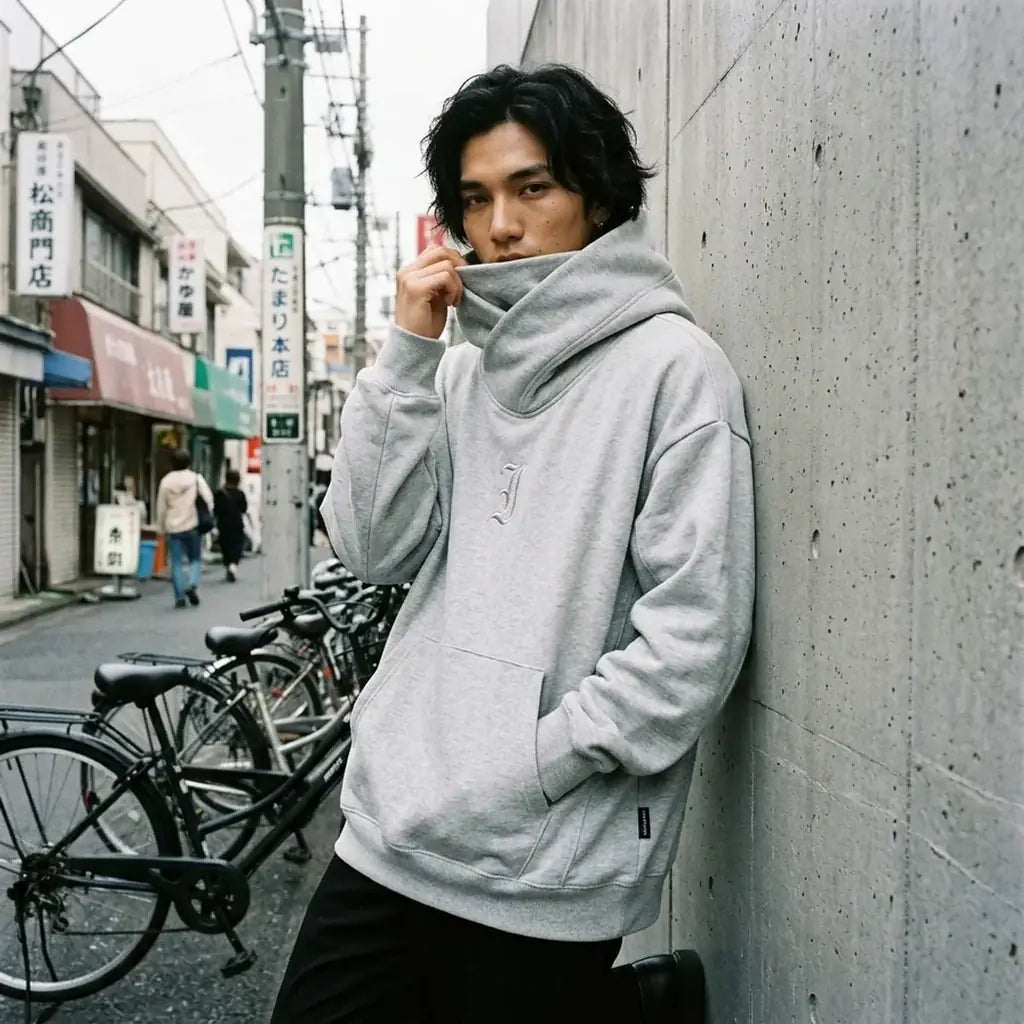 Sweat oversize Tokyo porté avec le col cheminée remonté sur le bas du visage, devant un mur en béton.