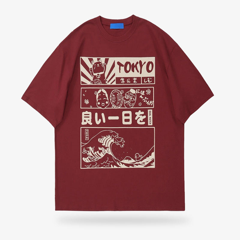 le neo tokyo t shirt est imprimé avec des motifs japonais kanji, la grande vague de kanawa, des masques japonais et le chat porte-bonheur maneki neko